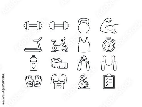 grid 4x4 vector icon line fitness and gym 16 items isolated on white background