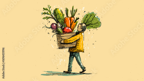 Illustration of a person in winter clothing holding a bag with vegetables 