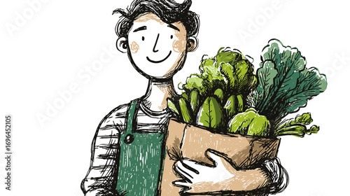 Illustration of a person holding a bag of fresh vegetables, including lettuce, carrots, and cucumbers, with a cheerful expression.