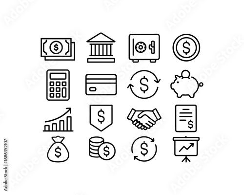 grid 4x4 vector icon line finance and banking 16 items isolated on white background