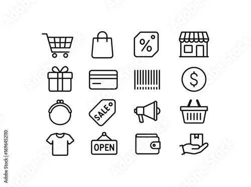 grid 4x4 vector icon line shopping and retail 16 items isolated on white background