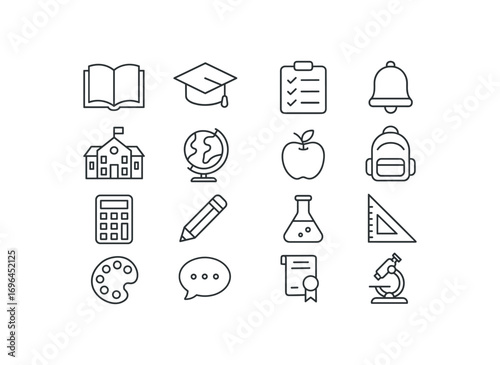 grid 4x4 vector icon line education and school 16 items isolated on white background