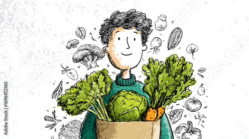 Illustration of a person holding a bag of fresh vegetables, including lettuce, carrots, and cucumbers, with a cheerful expression.