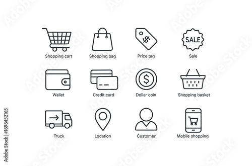grid 4x4 vector icon line commerce 16 items isolated on white background