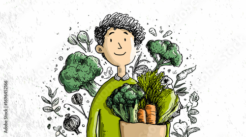Illustration of a person holding a bag of fresh vegetables, including lettuce, carrots, and cucumbers, with a cheerful expression.