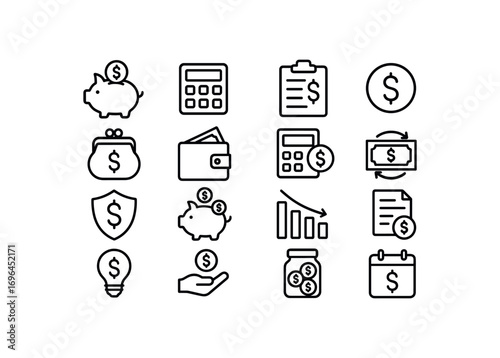 grid 4x4 vector icon line budgeting and savings 16 items isolated on white background
