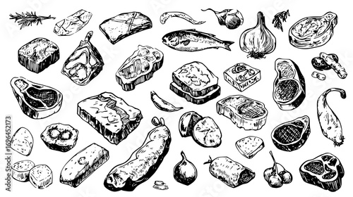 Hand-drawn illustration of various meats, vegetables, and herbs on a transparent background.
