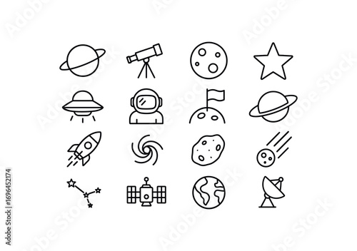 grid 4x4 vector icon line space and astronomy 16 items isolated on white background