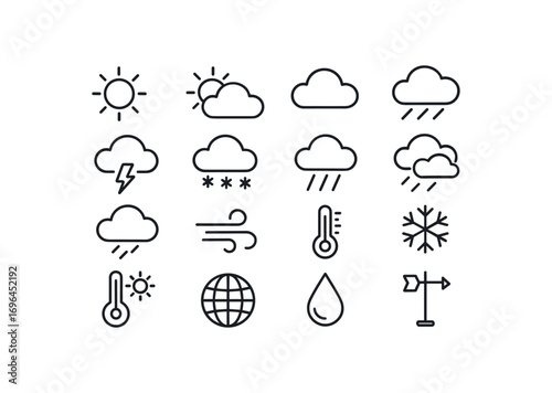 grid 4x4 vector icon line weather and climate 16 items isolated on white background