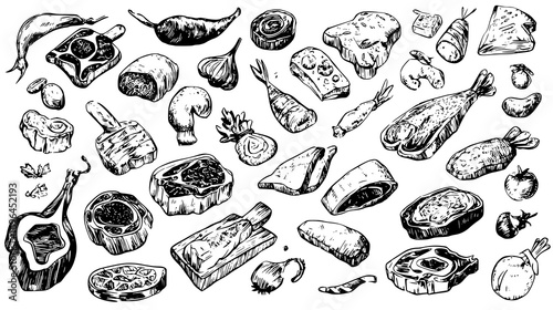 Hand-drawn illustration of various meats, vegetables, and herbs on a transparent background.