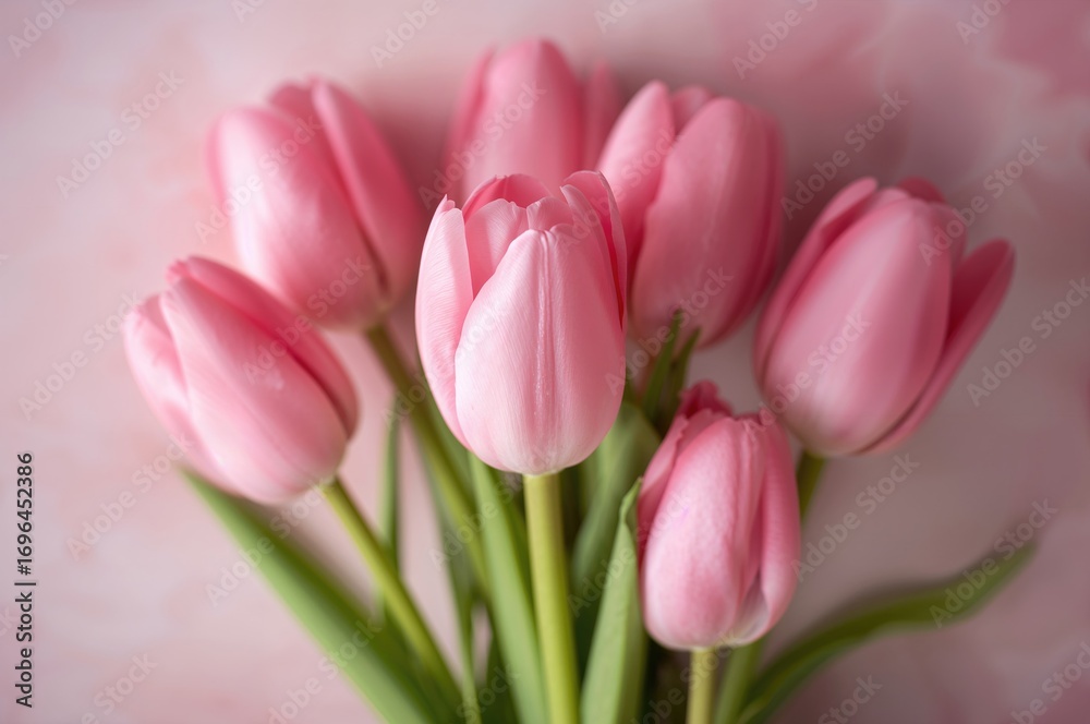 Fototapeta premium Detailed look at a bunch of pink tulips from above, centered on a spring motif