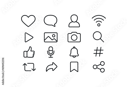 grid 4x4 vector icon line social media 16 items isolated on white background