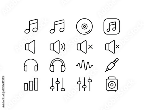 grid 4x4 vector icon line music and audio 16 items isolated on white background