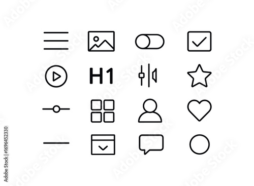 grid 4x4 vector icon line ui ux components 16 items isolated on white background