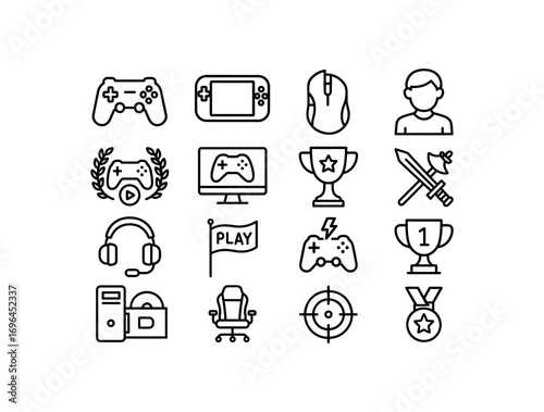 grid 4x4 vector icon line gaming and esports 16 items isolated on white background