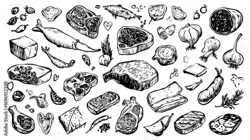 Hand-drawn illustration of various meats, vegetables, and herbs on a transparent background.