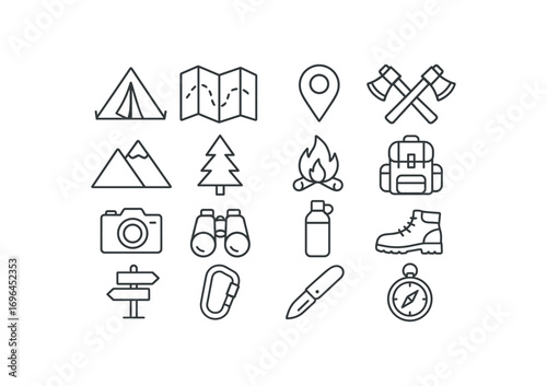 grid 4x4 vector icon line outdoor adventure 16 items isolated on white background