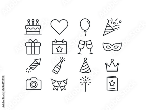 grid 4x4 vector icon line holidays and celebrations 16 items isolated on white background