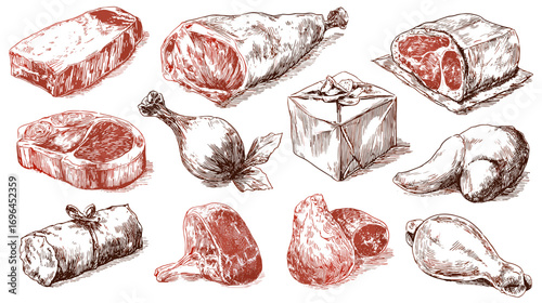 Hand-drawn illustration of various meats, vegetables, and herbs on a transparent background.