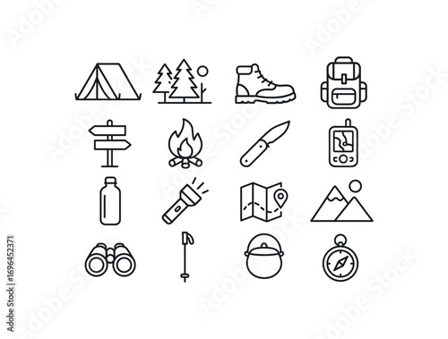 grid 4x4 vector icon line camping and hiking 16 items isolated on white background