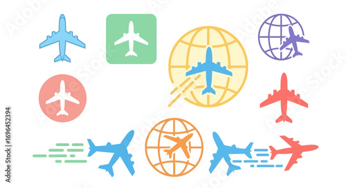 Colorful collection of airplane icons and globes symbolizing travel and global connectivity.
