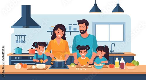 Happy family of five joyfully cooking together in their modern kitchen.