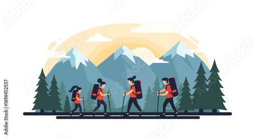 A family hiking in a snowy mountain landscape, carrying backpacks and trekking poles.