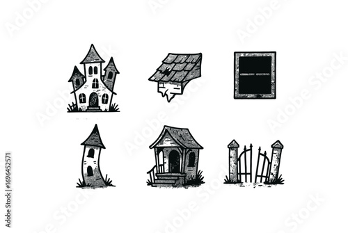 hand drawn cute doodle style line isolated on white background haunted house broken roof dark window tilted tower eerie porch crooked gate
