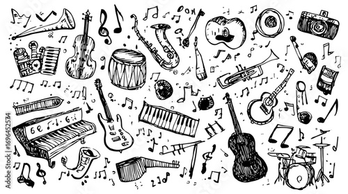 Hand-drawn musical instruments and notes on a transparent background.