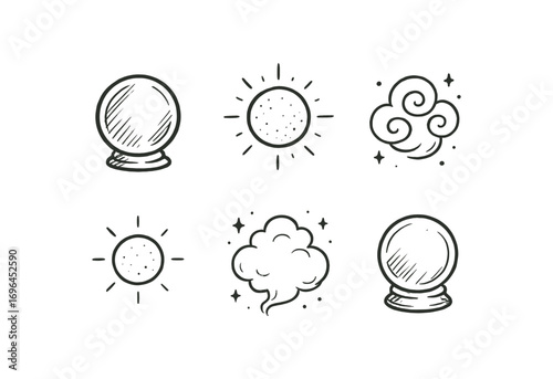 hand drawn cute doodle style line isolated on white background glass orb shining sphere cloudy swirl future glow mystical fog seer globe