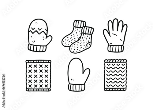 hand drawn cute doodle style line isolated on white background knitted mitten wool pair winter glove snow knit warm hand cozy knit