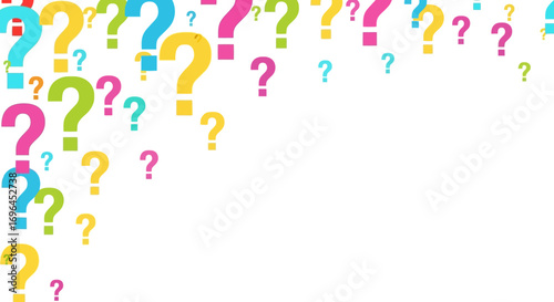 Colorful question marks scattered across a bright white background, suggesting inquiry and curiosity.
