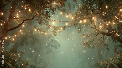 Enchanted forest with string lights hanging from trees, creating a magical atmosphere