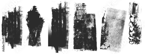 hand drawn vector illustration. Linocut grunge stamp textures on transparent background. Dust overlay distress grain textures. Ink roller vintage letterpress textures with rough edges. Eroded dirty