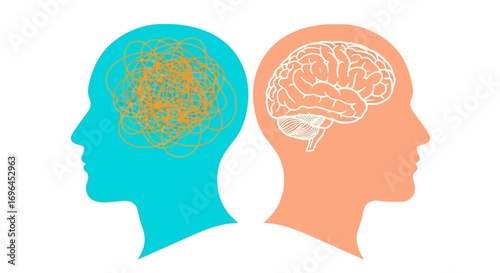 Contrasting thought processes, one chaotic and tangled, the other clear and organized, depicted in profile silhouettes.