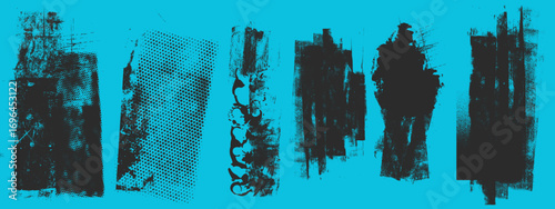 Linocut grunge stamp textures on purple background. Dust overlay distress grain textures. Ink roller vintage letterpress textures with rough edges. Eroded dirty backgrounds for design.