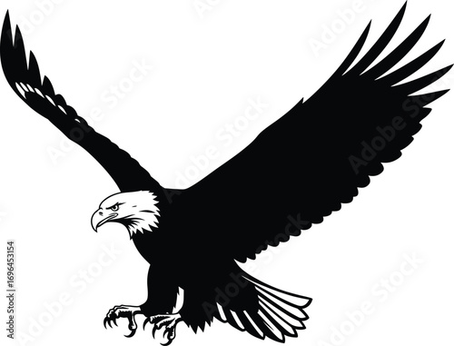 Flying bald eagle vector silhouette, majestic bird of prey in attack pose, black and white illustration, wildlife raptor design for prints