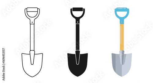 Three distinct shovel illustrations showcasing design variations for gardening and construction.