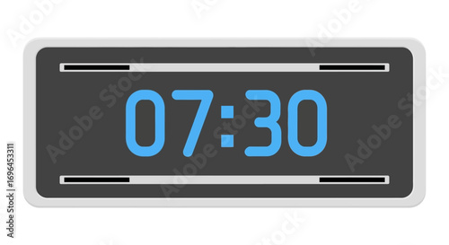 Digital clock displays 07:30 with bright blue numbers on a dark background