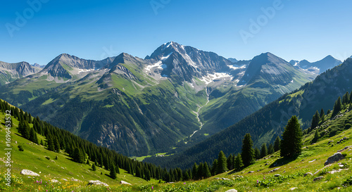 Scenic mountain landscape background, clear blue sky, realistic nature view, professional stock photo style