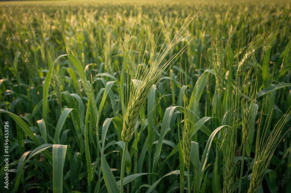 Obraz premium Detailed view of rye stalks sprouting from soil during the growing season. Harvest time is crucial for grain production. Rye grain is processed into flour for consumption. Agricultural industry focus.