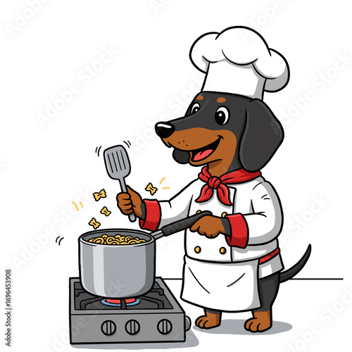 Cartoon dog chef cooking in kitchen with pot and spatula ,for children's cooking classes and food-related promotions