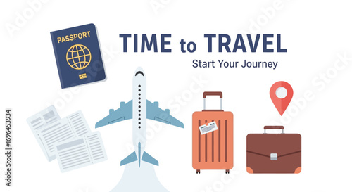 Embark on an exciting journey with essential travel items like a passport, airplane, and luggage.