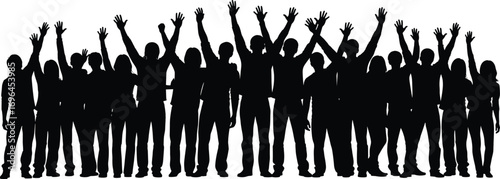 Silhouetted people raising arms, diverse crowd, unity concept, black figures, white background, group celebration, collective action, protest theme, abstract vector illustration