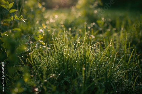 Moist blades of grass in a ...