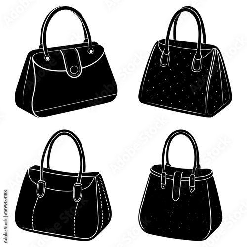 Four black and white handbags with different styles and shapes arranged in a square formation on white