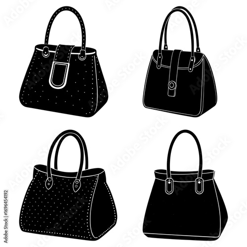 Four black and white silhouette drawings of stylish handbags with handles on a white background