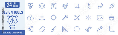 Design Tools web icons in line style. Contains icons as select tool, pen tool, paintbrush, shape tool, layer tool, text, color picker, and more. Vector illustration.