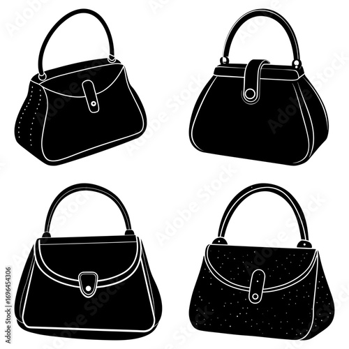 A set of four black and white silhouette illustrations of classic handbags with top handles and closures