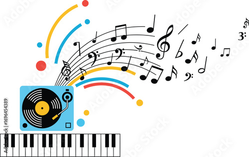 Retro record player with colorful sound waves and musical notes emanating from a keyboard.